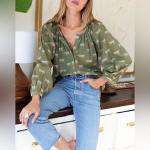 NWT Emerson Fry India Frances Blouse Shirt Top Olive Cheetah Cotton Small